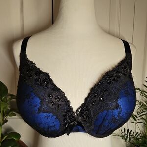 Cacique Royal Blue and Black Lace Bra
